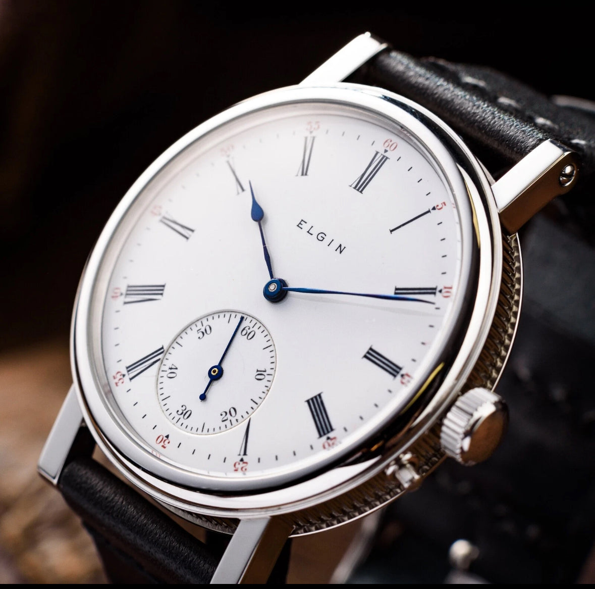 Antique Elgin Classic Mechanical Mens Custom Watch White Dial Wristwatch