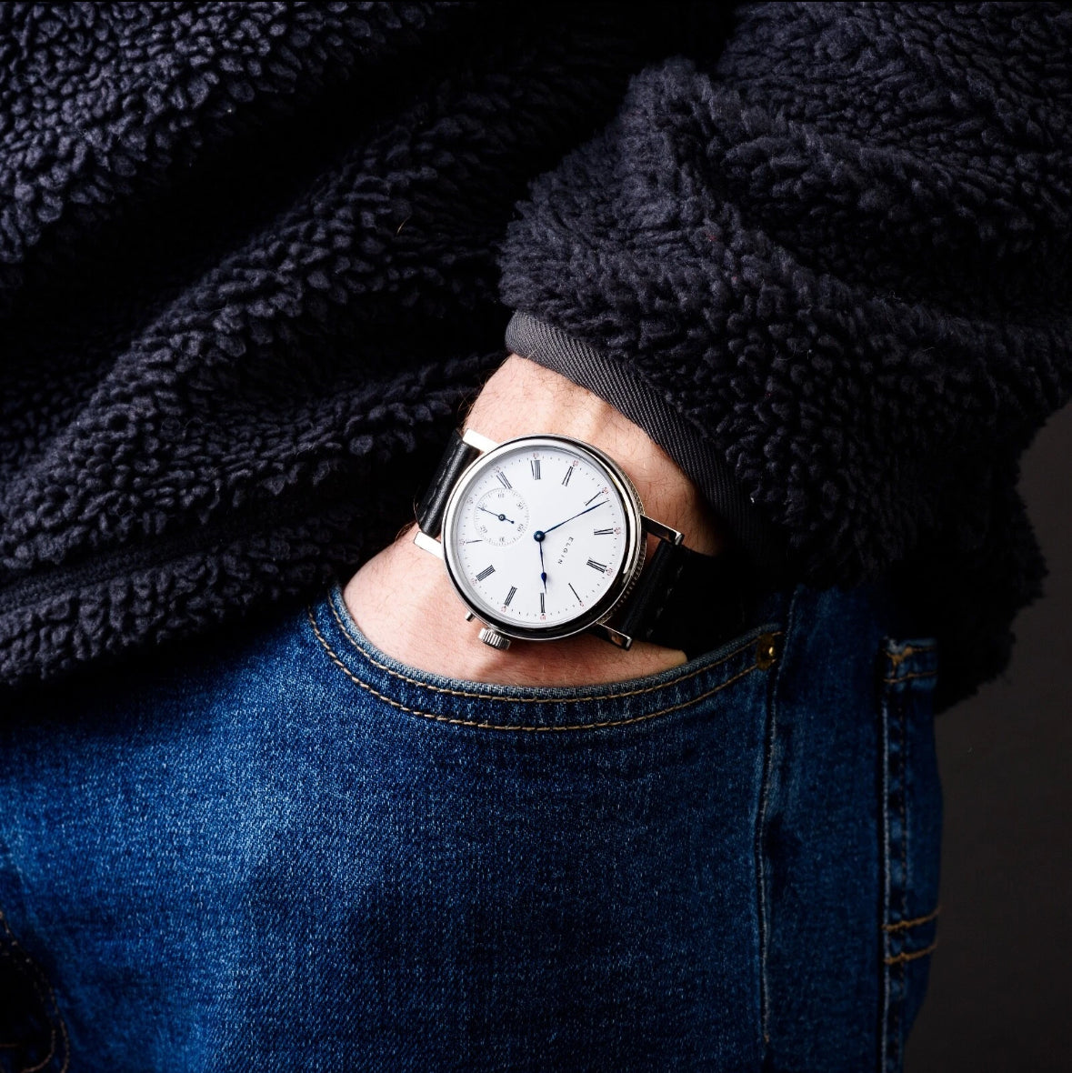 Antique Elgin Classic Mechanical Mens Custom Watch White Dial Wristwatch
