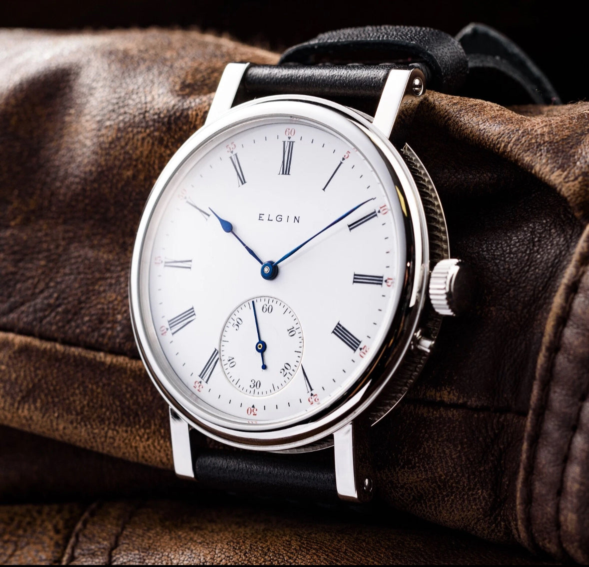 Antique Elgin Classic Mechanical Mens Custom Watch White Dial Wristwatch