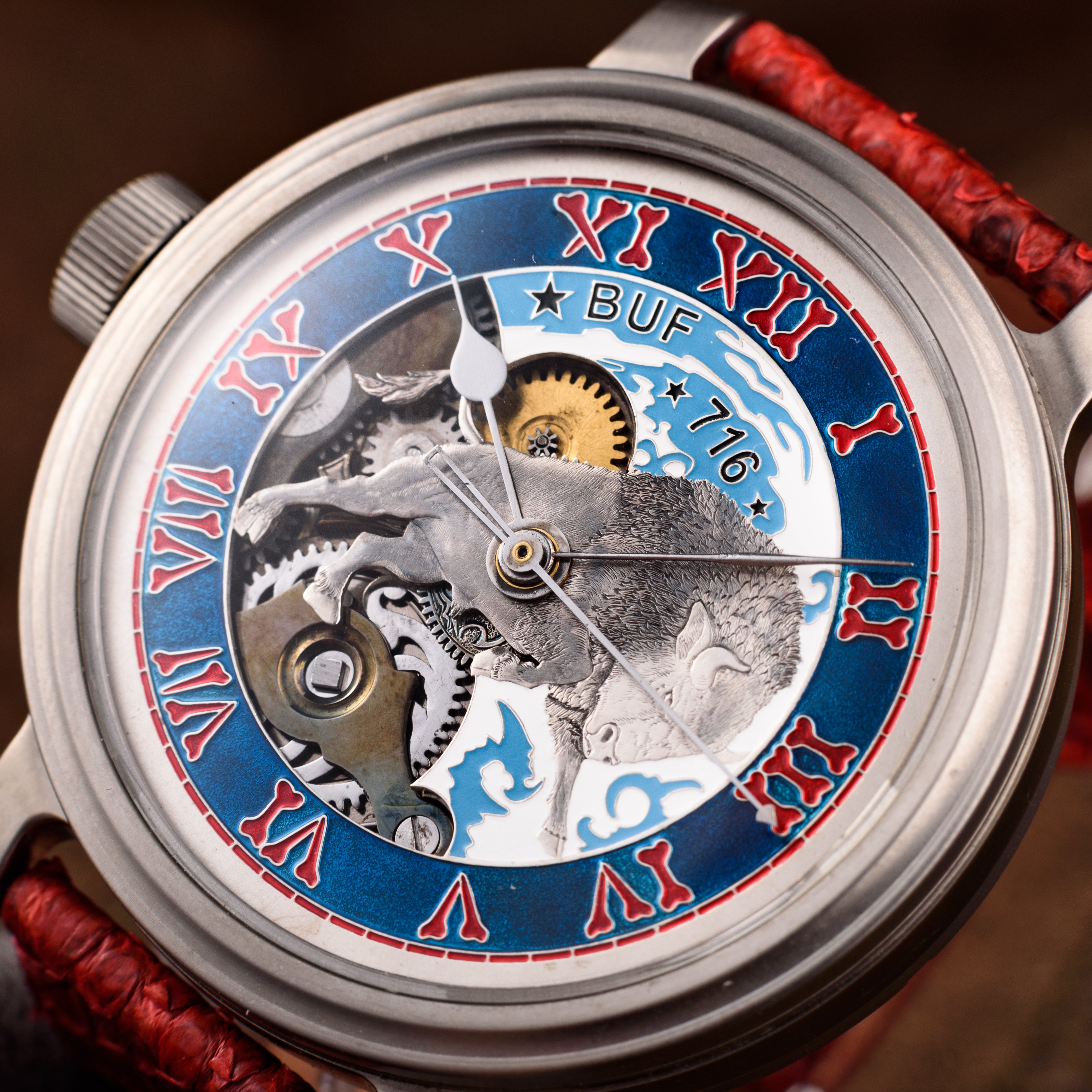 Mole, Model: Buffalo Bills, Josh Allen custom wristwatch with antique movement, new titanium case