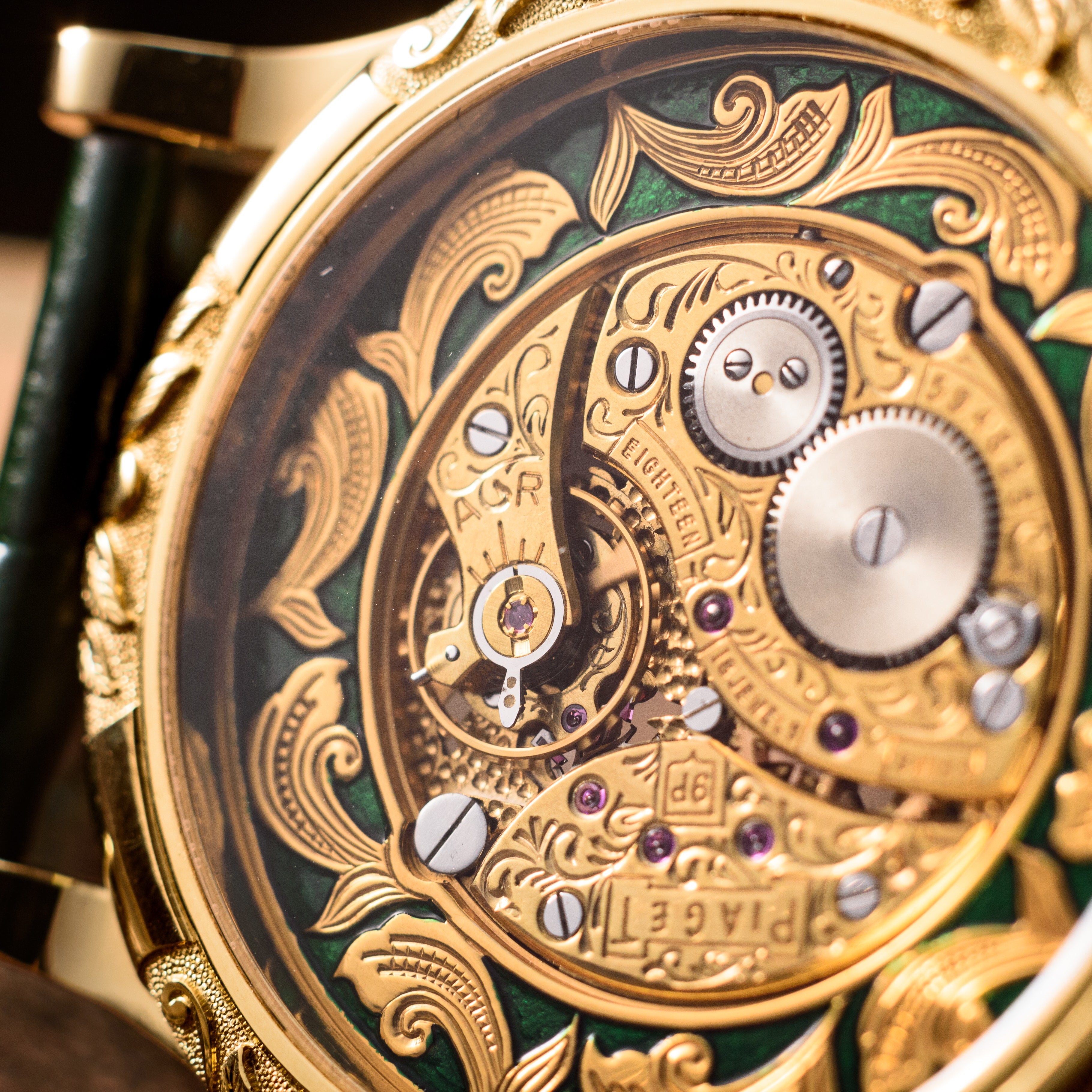 Skeleton Piaget Gold Watch. Green Passion. Movement 1957