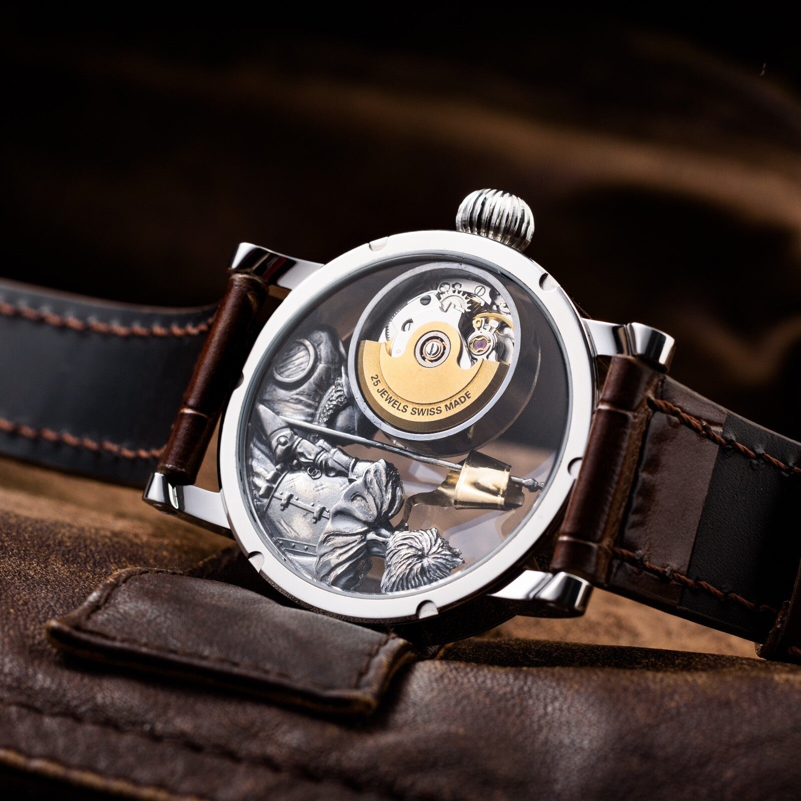 Swiss Made Automatic Men's Watch – Don Quixote 3D Skeleton Engraved Dial in Silver