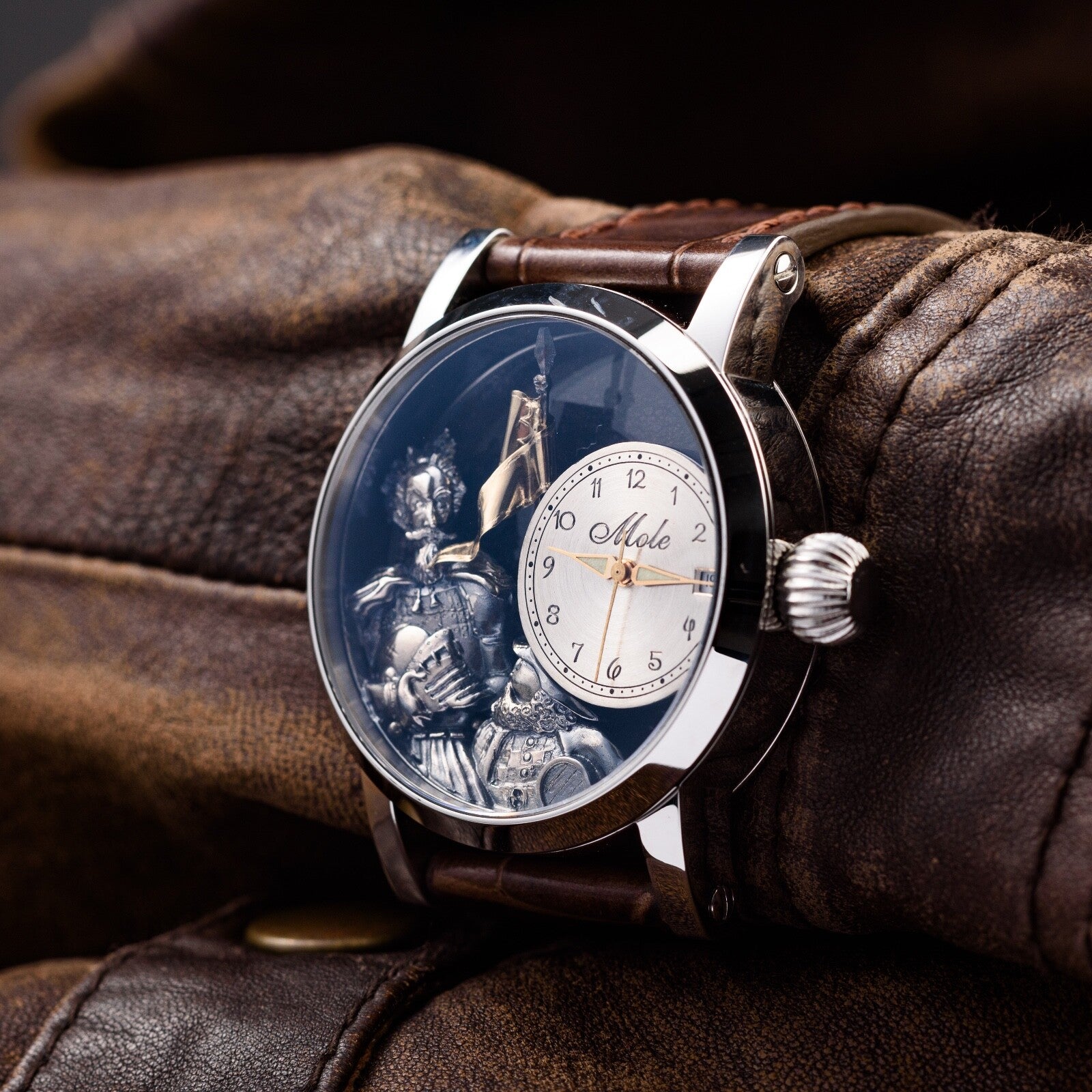 Swiss Made Automatic Men's Watch – Don Quixote 3D Skeleton Engraved Dial in Silver