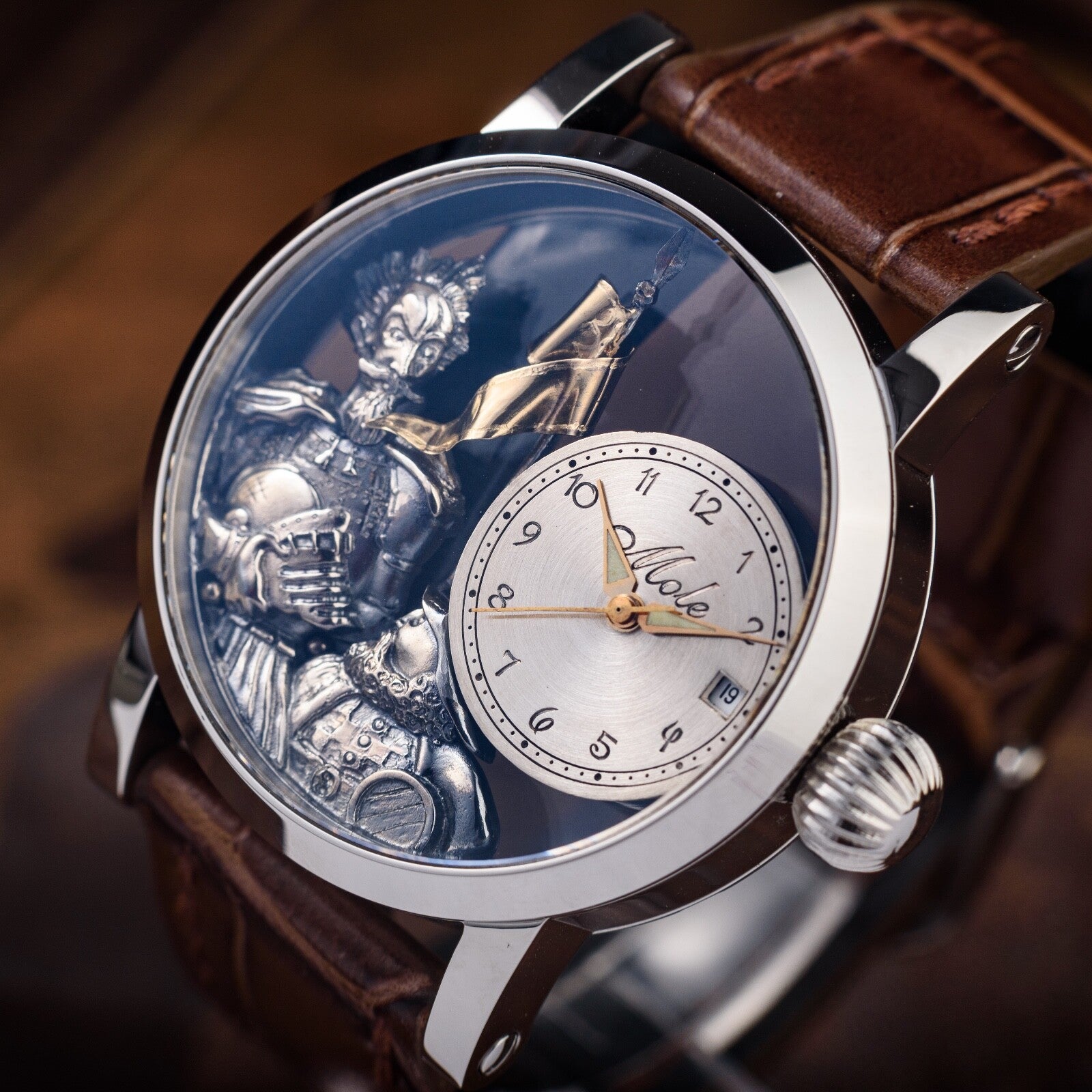 Swiss Made Automatic Men's Watch – Don Quixote 3D Skeleton Engraved Dial in Silver