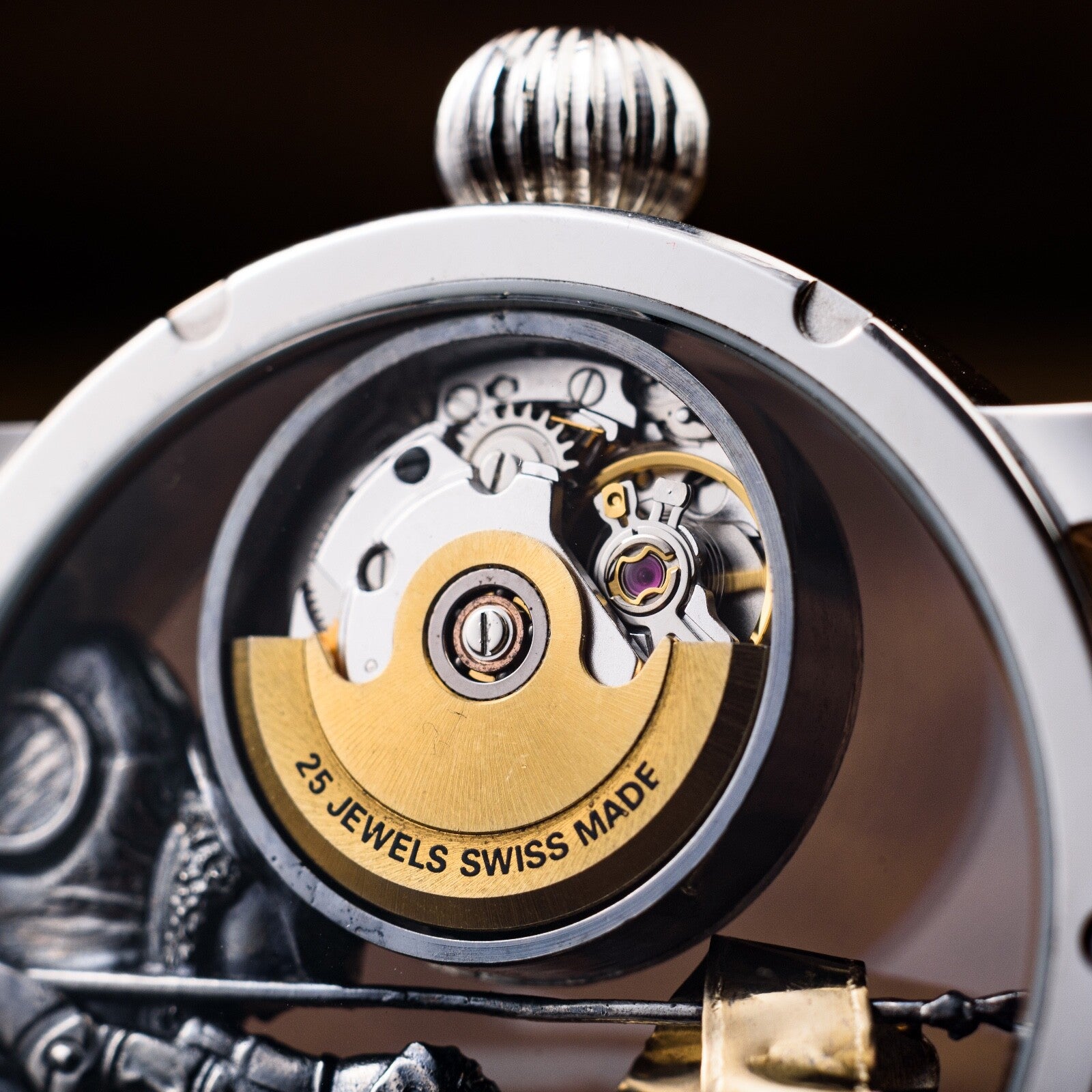 Swiss Made Automatic Men's Watch – Don Quixote 3D Skeleton Engraved Dial in Silver