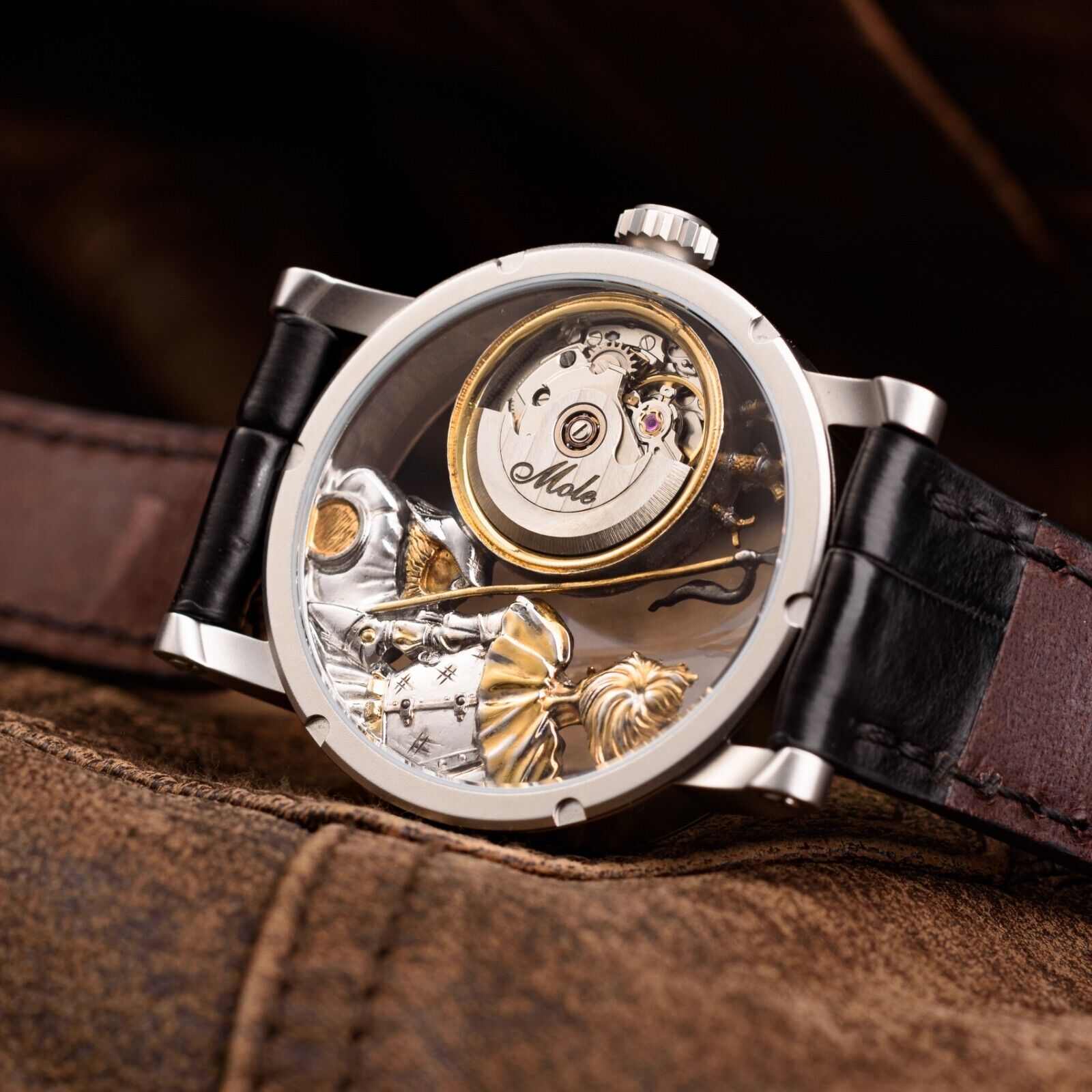 Swiss Made Automatic Men's Watch – Don Quixote 3D Skeleton Engraved Dial in Gold & Silver