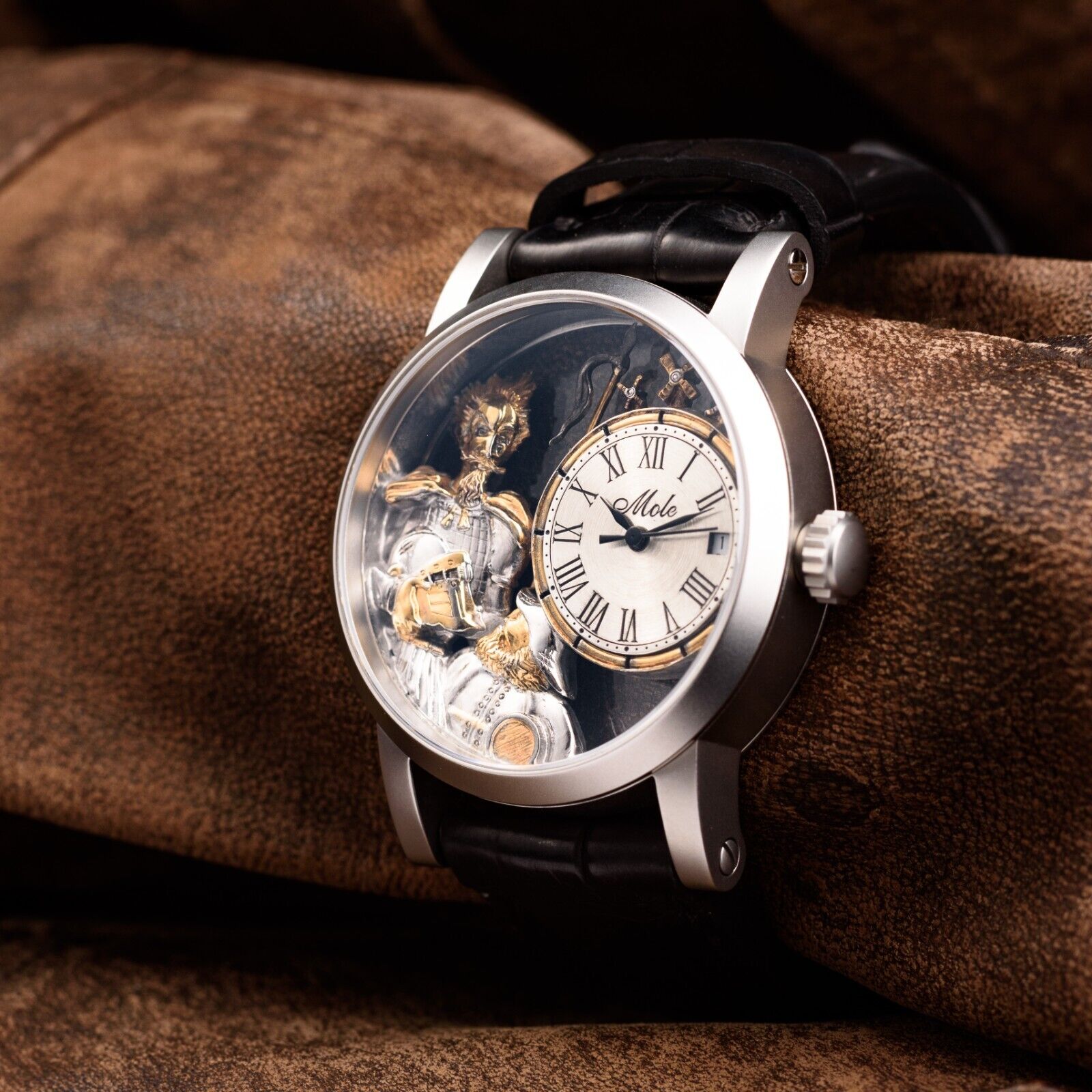 Swiss Made Automatic Men's Watch – Don Quixote 3D Skeleton Engraved Dial in Gold & Silver