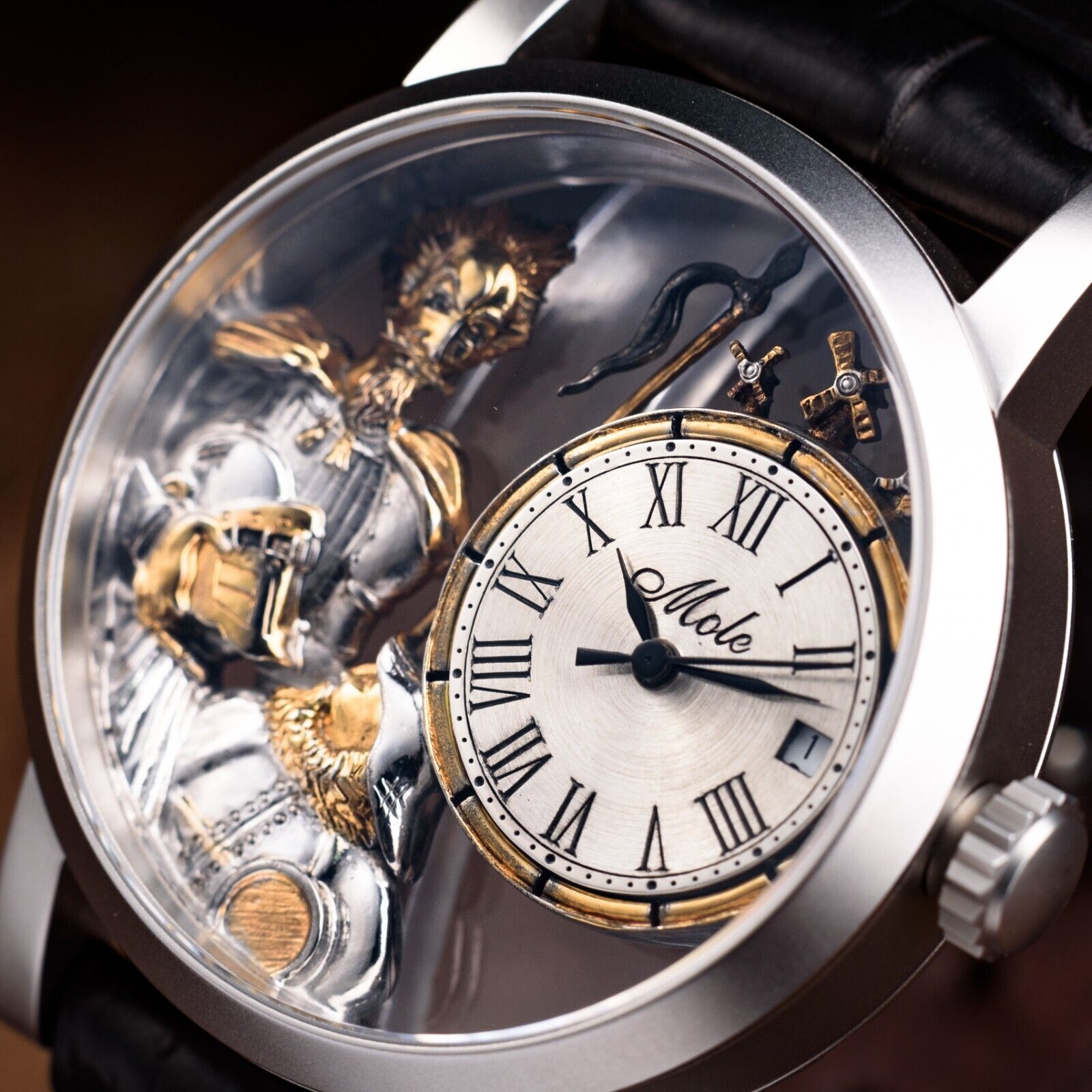 Swiss Made Automatic Men's Watch – Don Quixote 3D Skeleton Engraved Dial in Gold & Silver