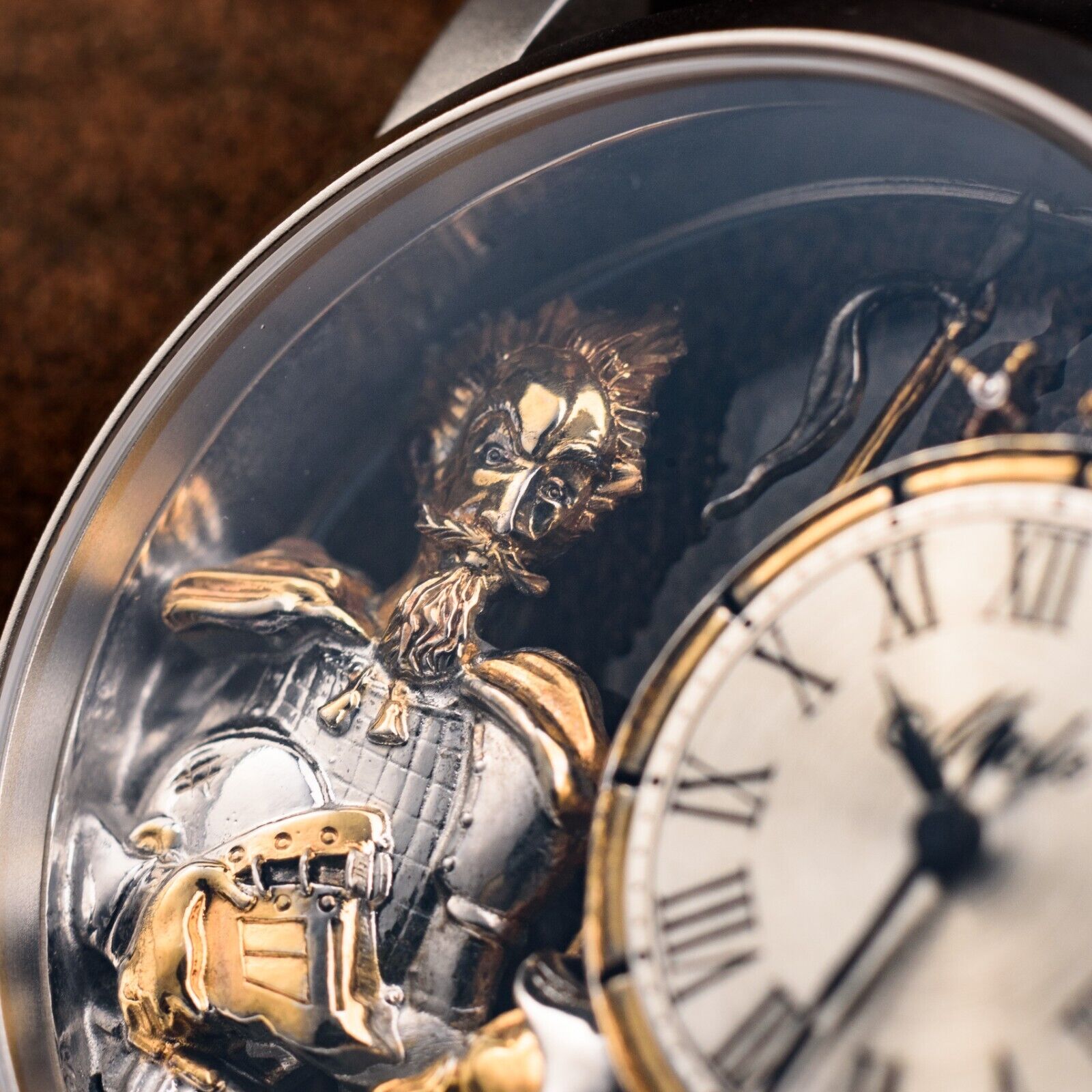 Swiss Made Automatic Men's Watch – Don Quixote 3D Skeleton Engraved Dial in Gold & Silver