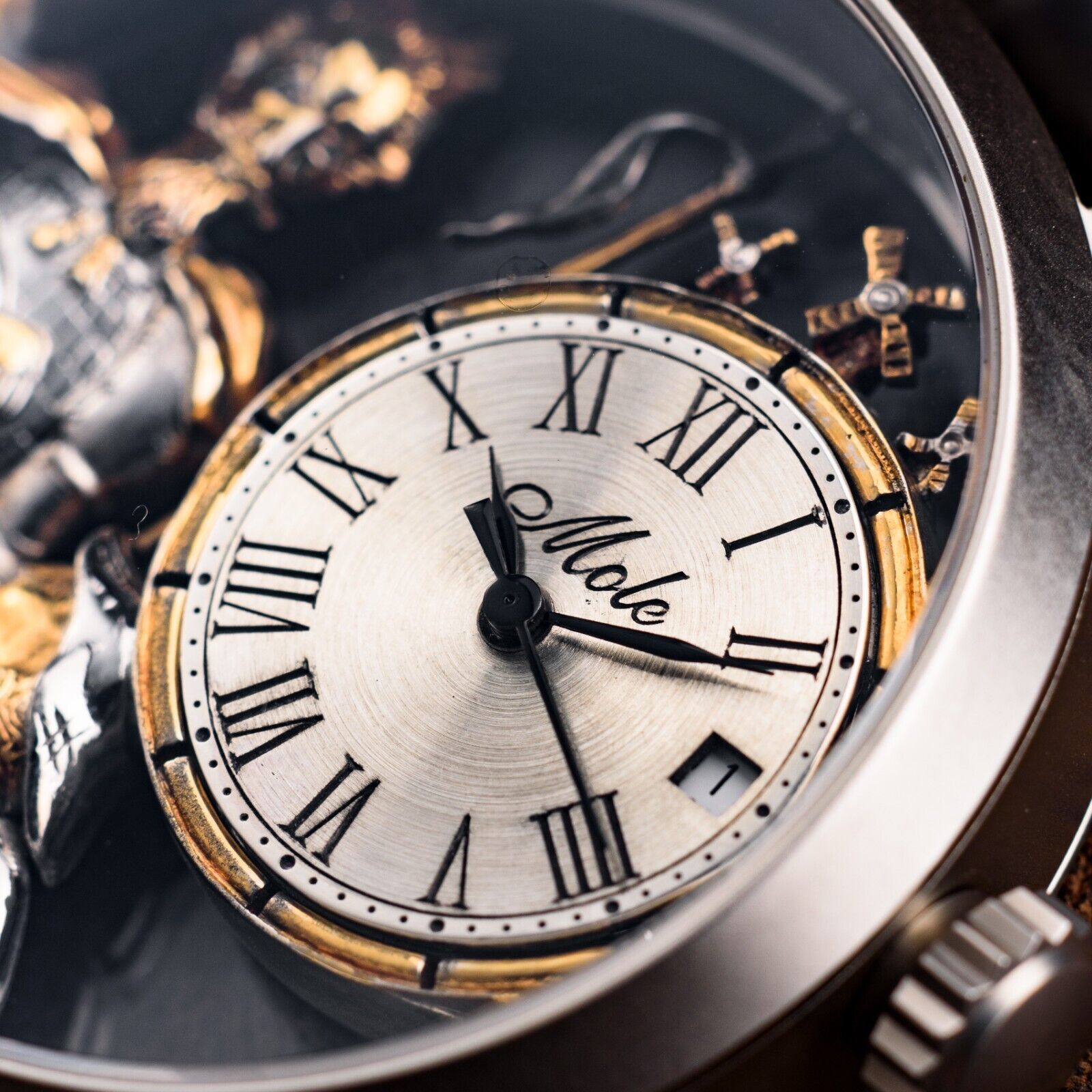 Swiss Made Automatic Men's Watch – Don Quixote 3D Skeleton Engraved Dial in Gold & Silver